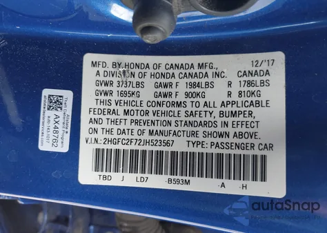 2018 Honda Civic Ex from USA, damaged, VIN 2HGFC2F72JH523567